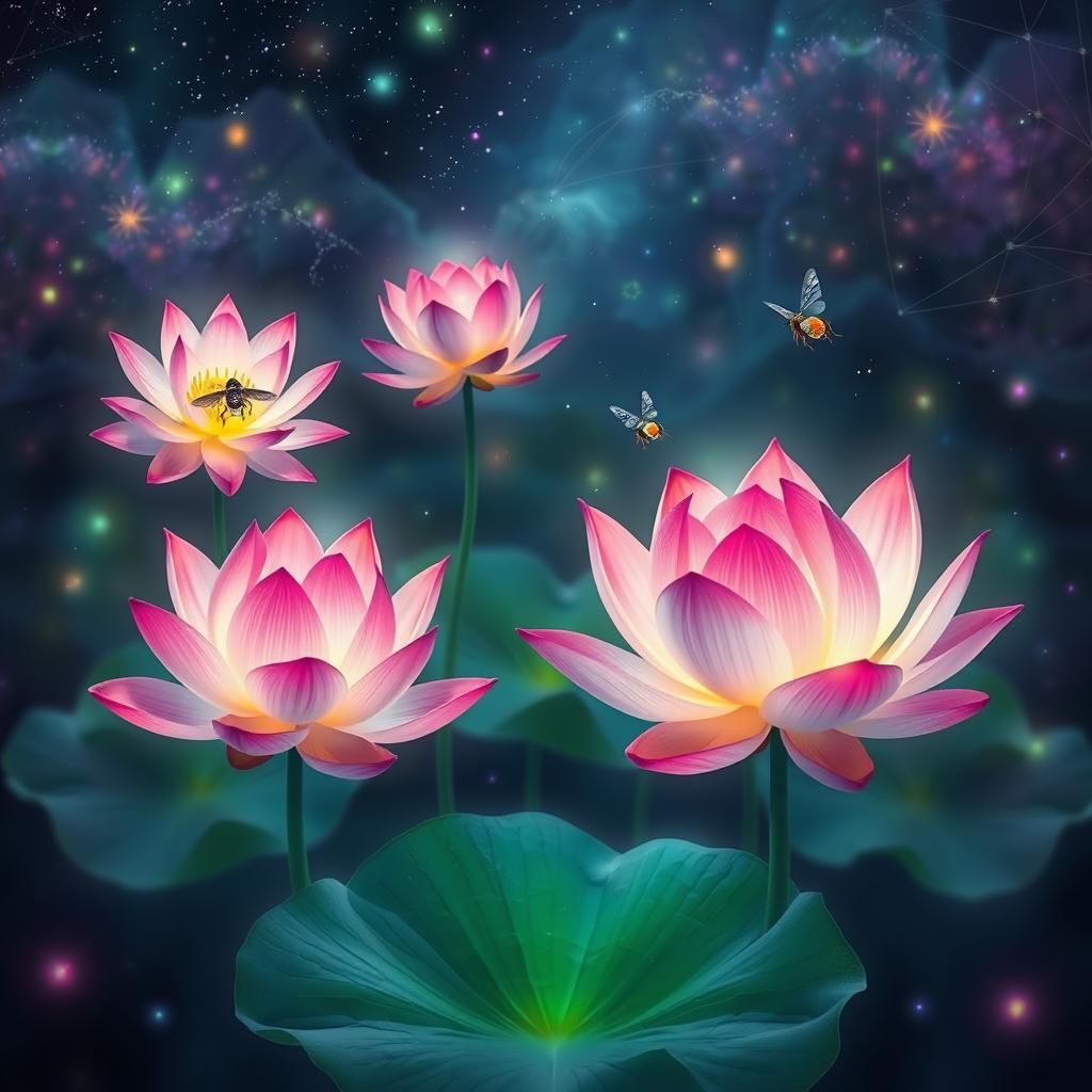 Bioluminescent Lotus Flowers and Fireflies