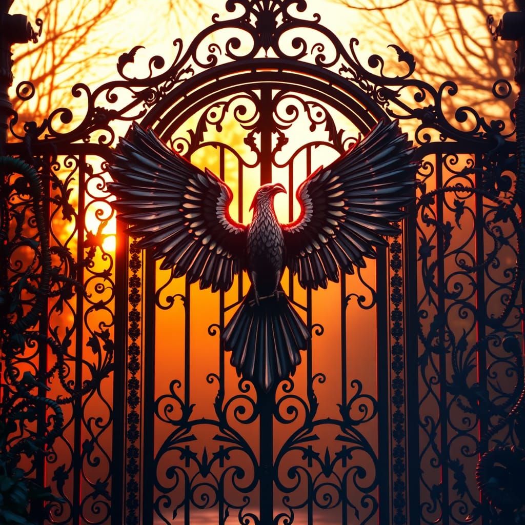 Ornate Liver Bird Garden Gate in Gothic Revival Style