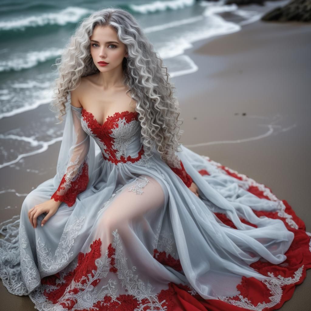 Beautiful Elegant Woman, long curly silver hair, intricate red and silver lace detailed dress, filigree, rich colors, vi...