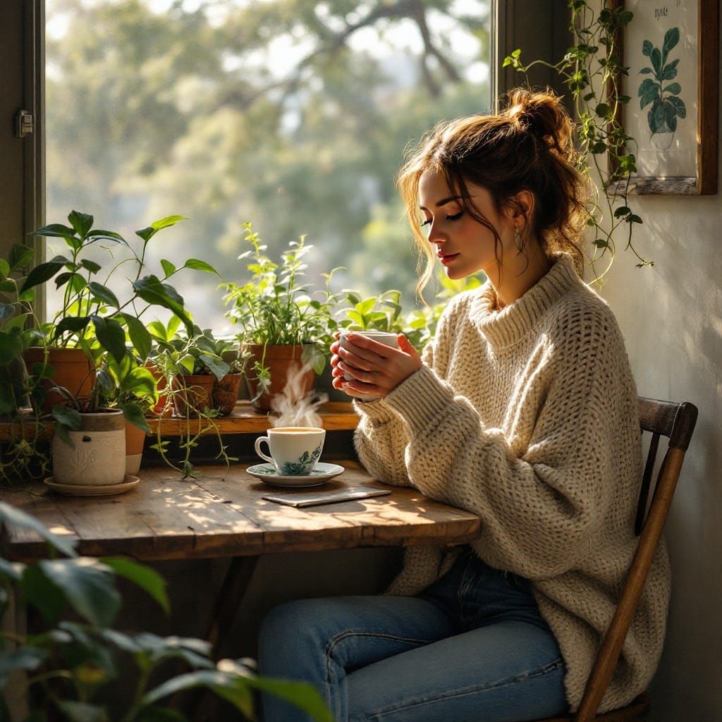 Contemplative Woman with Coffee in Garden Setting