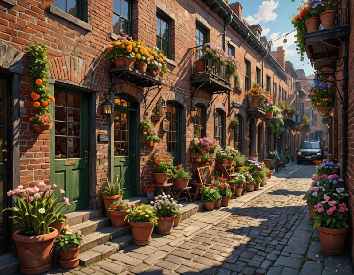 Charming Antique Brick Houses in Lively Street Scene