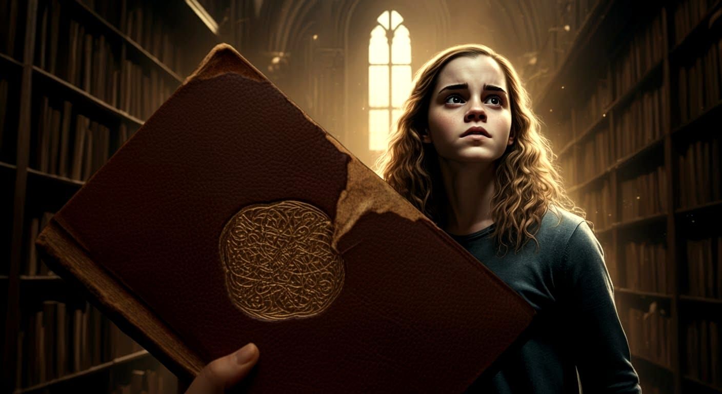 Hermione Granger Book Cover in a Library, Hyperrealistic
