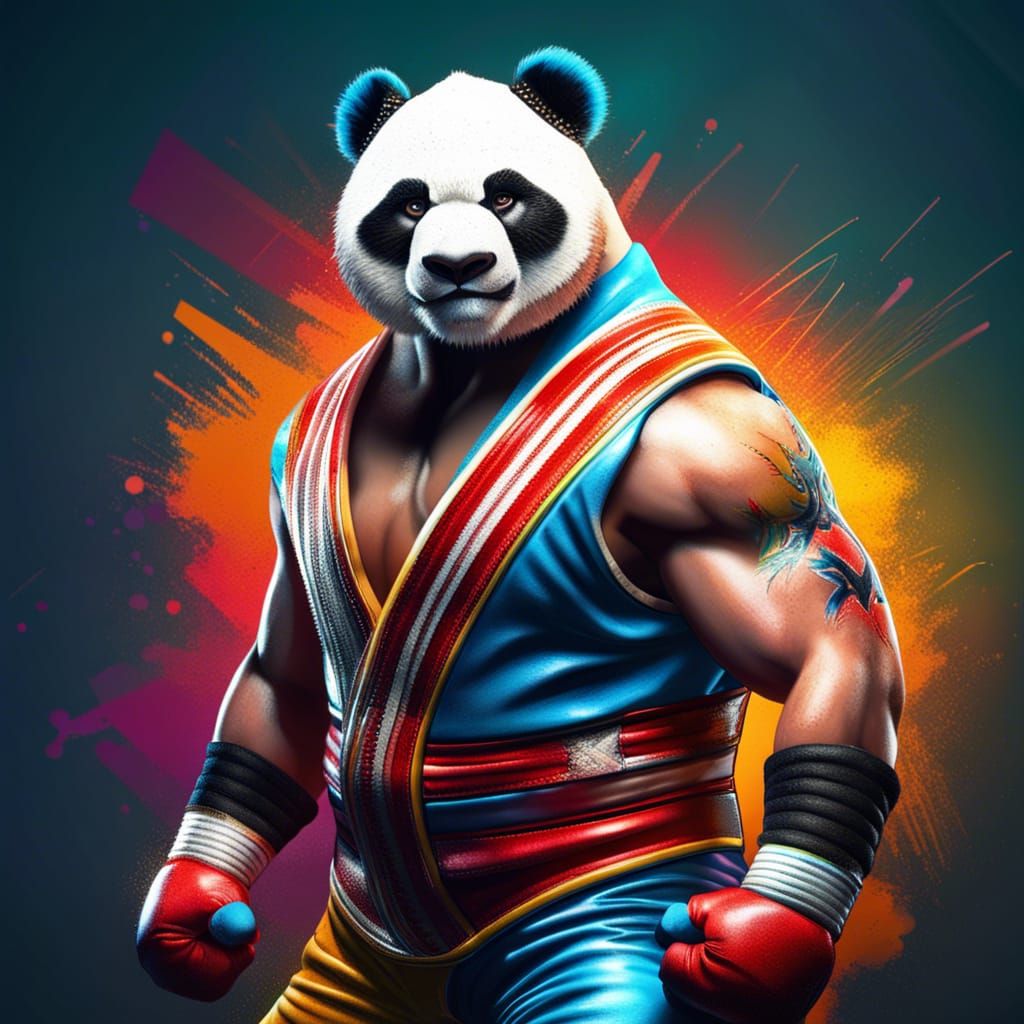 Muscular Panda Wrestler Posing in Colorful Digital Art