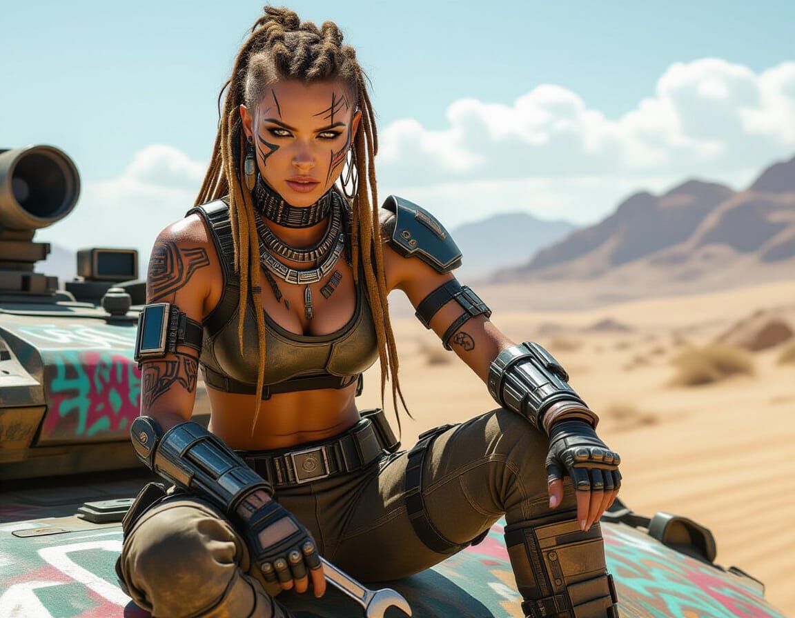 Cyberpunk Warrior Queen in Desert Wasteland