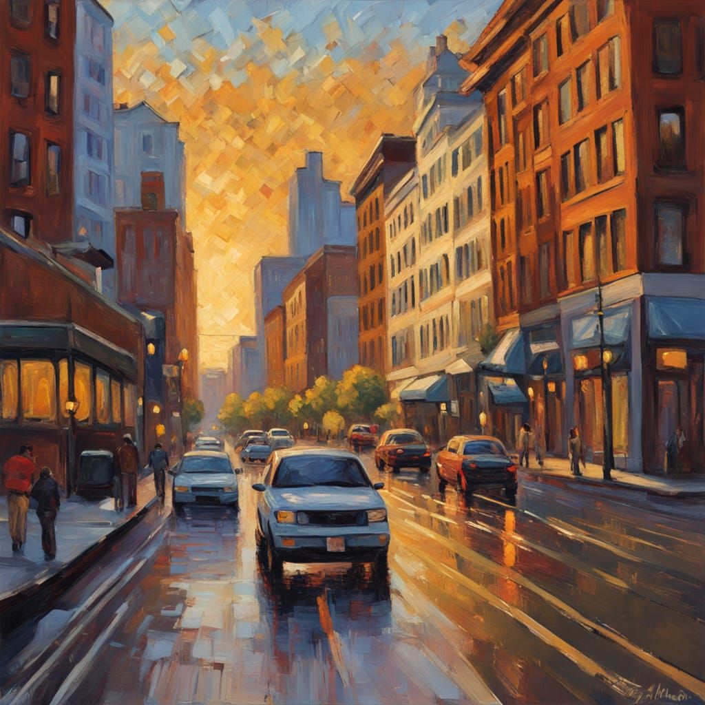 Neo-Impressionist Portland Street Scene in Golden Hour
