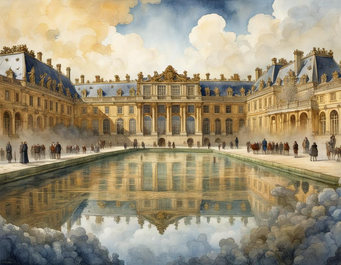 Panoramic view of the Palace of Versailles from the Grand Canal, according to AI