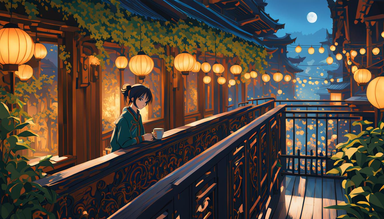 Serenity on a Balcony at Night: A Steaming Cup of Coffee