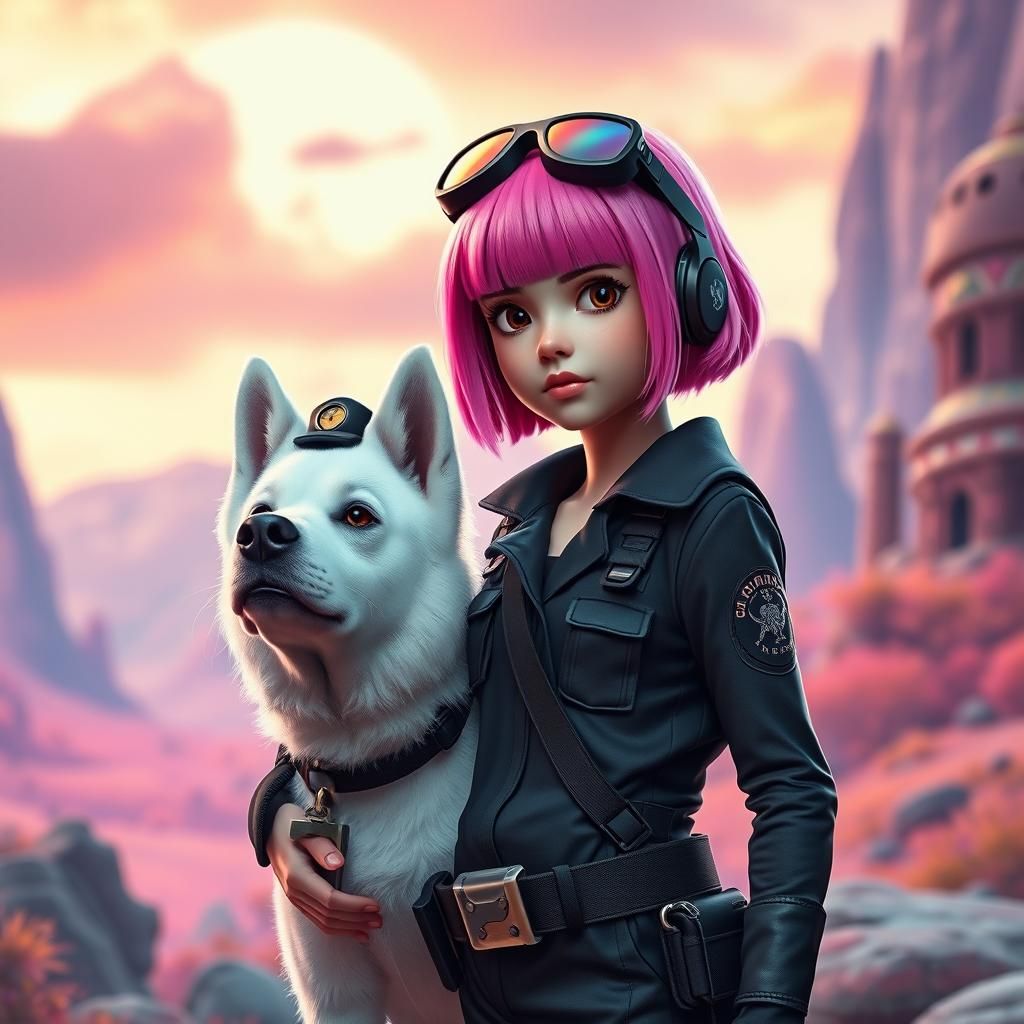 Girl and Dog in Spy Costumes: Fantasy Matte Painting