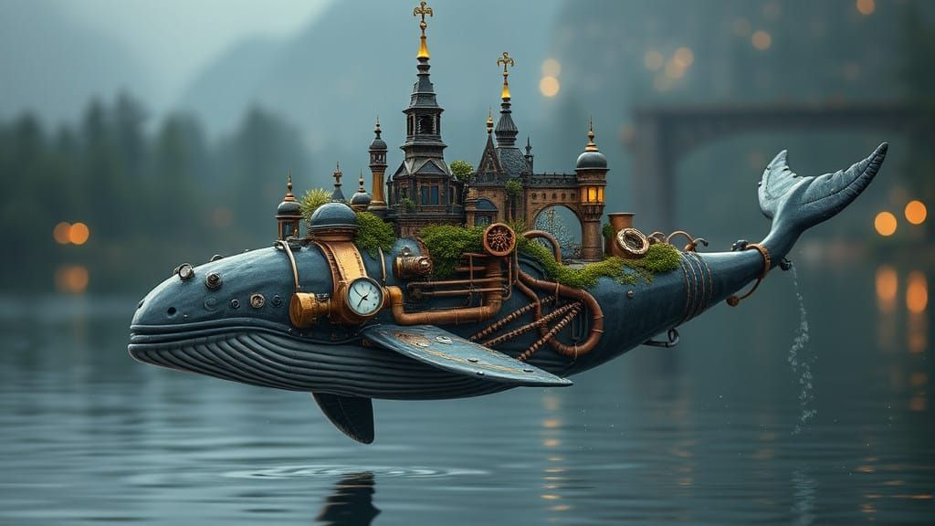 Steampunk Whale Explores Serene Lake Waters in Intricate Det...