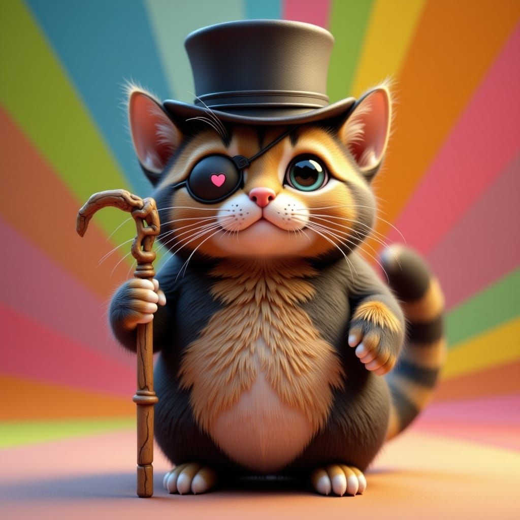 Elderly Tabby Cat in Top Hat with Walking Stick