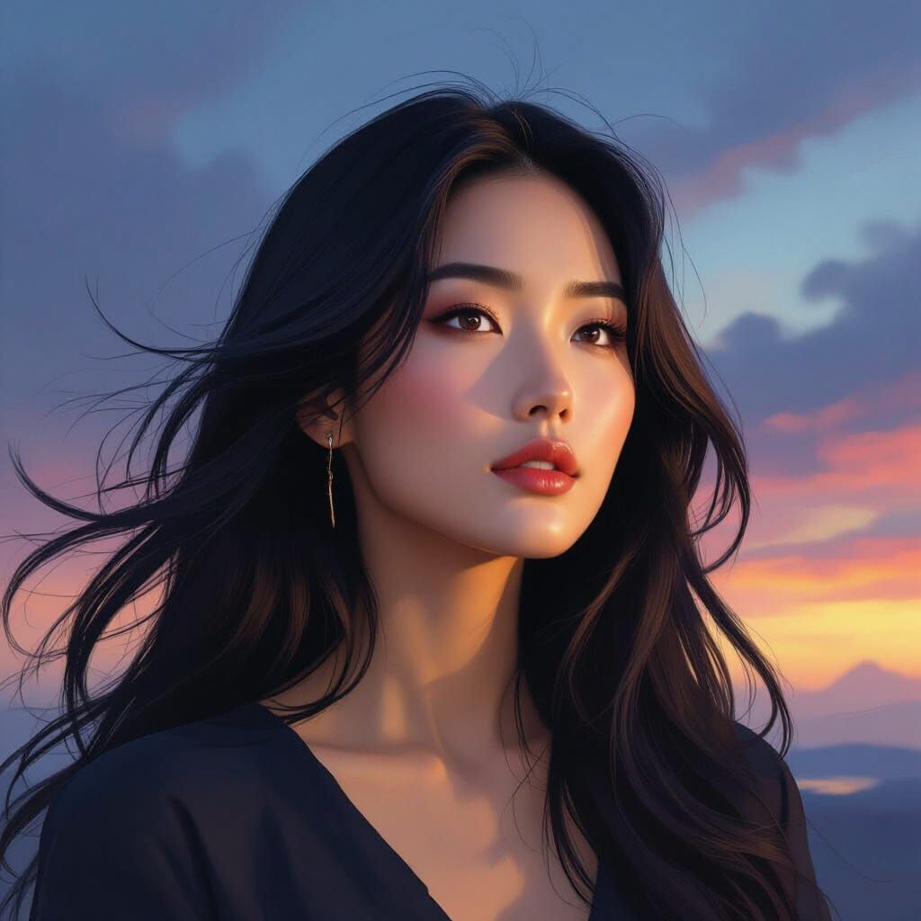Asian Woman Contemplating Twilight Sky Oil Painting