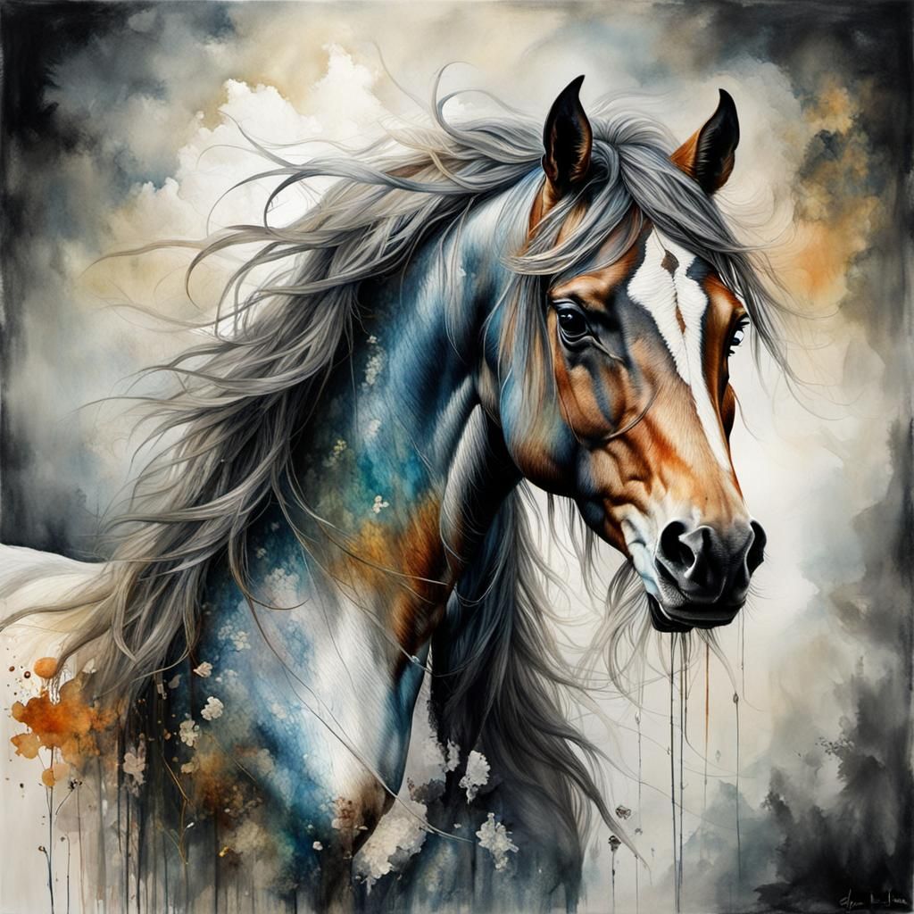 Wild Stallion of Undiscovered Forest: Watercolor Double Expo...