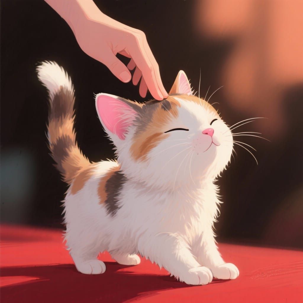 Fluffy Calico Kitten Blissfully Stretched by Gentle Hand
