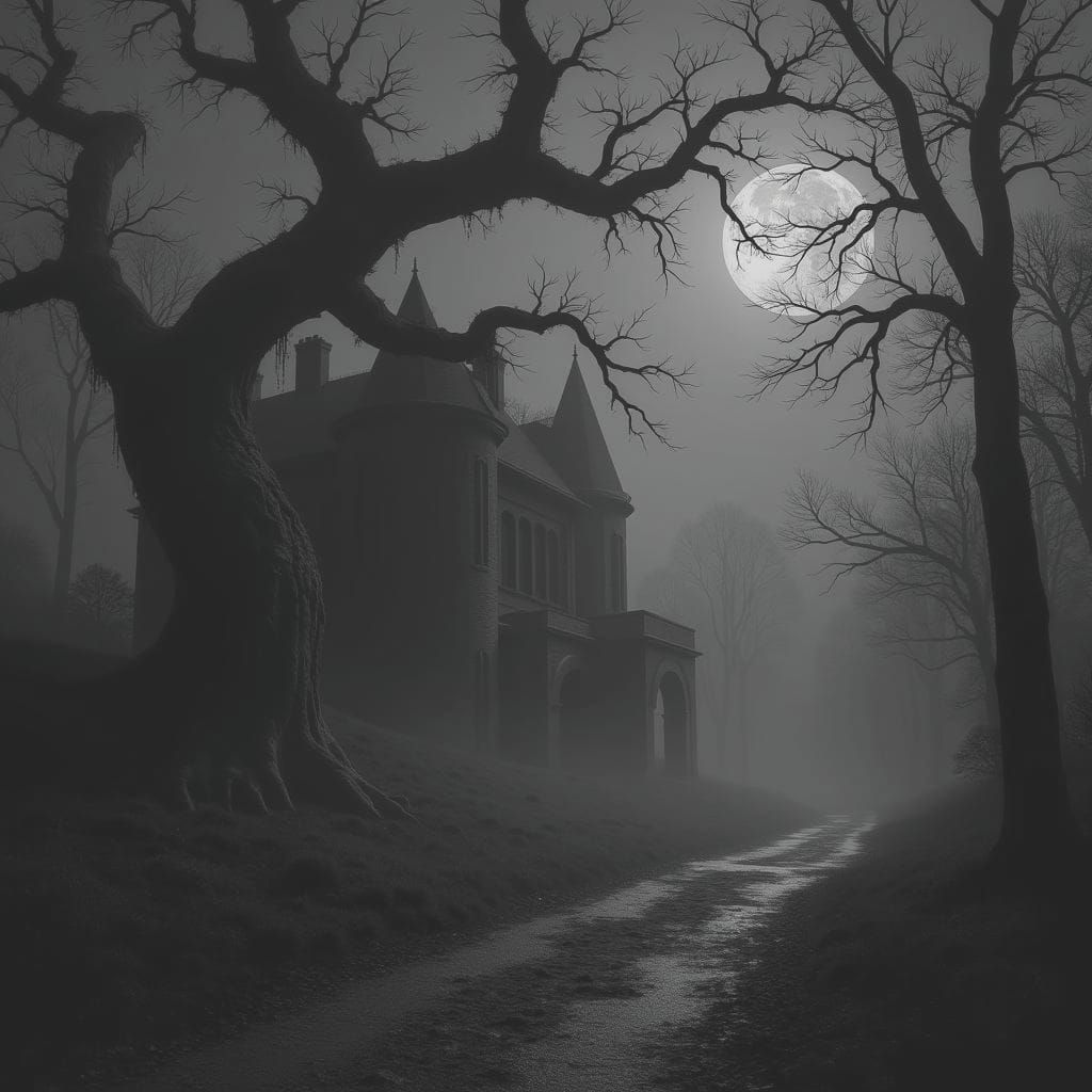 Spooky House and Dead Tree at Night