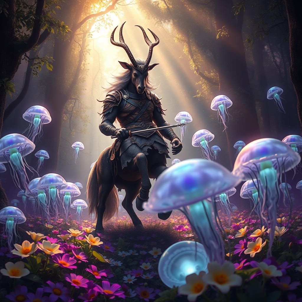 Centaur Warrior in Bioluminescent Forest, Cinematic Dark Fan...