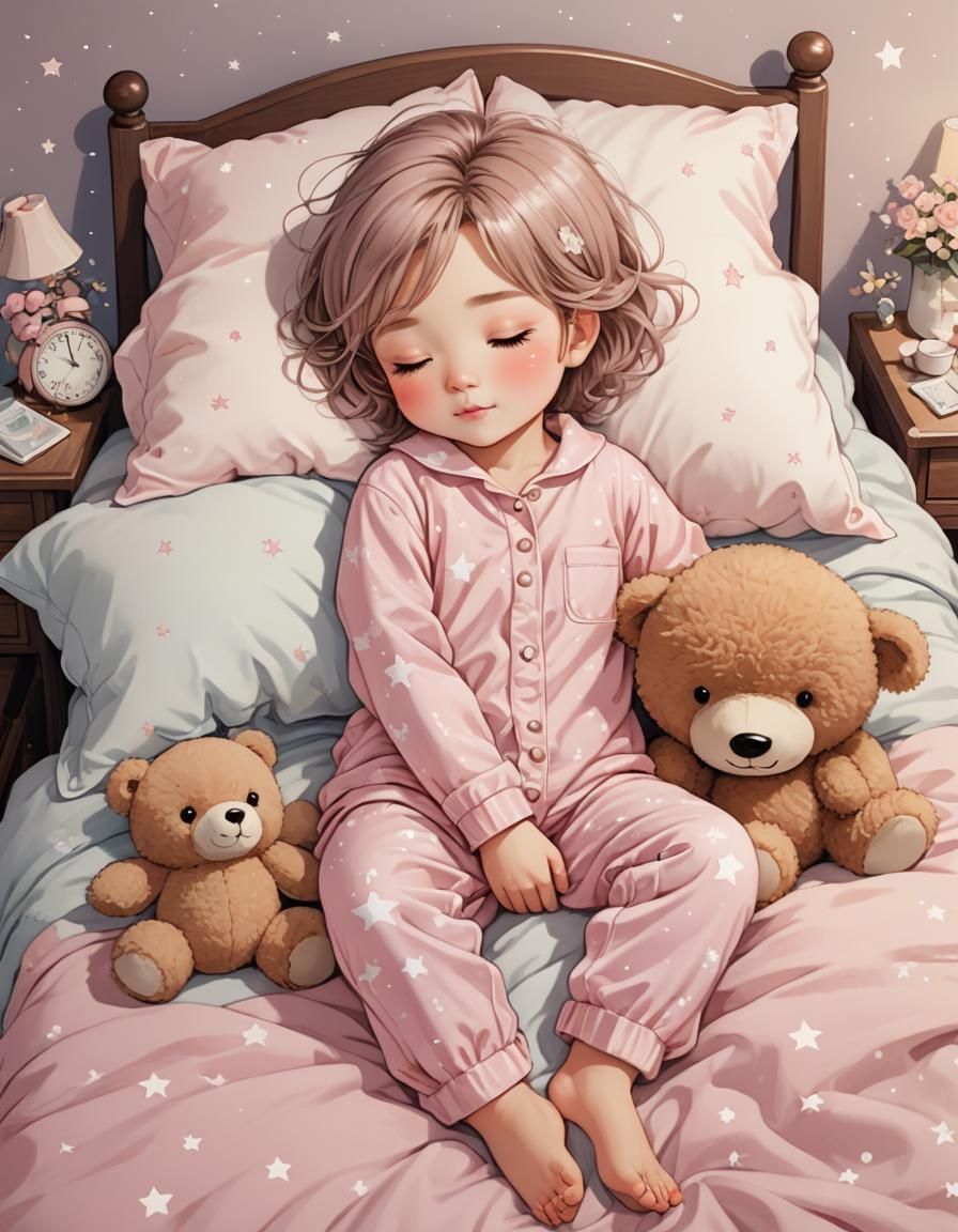 Charming Chibi Child Sleeping Peacefully with Teddy Bear