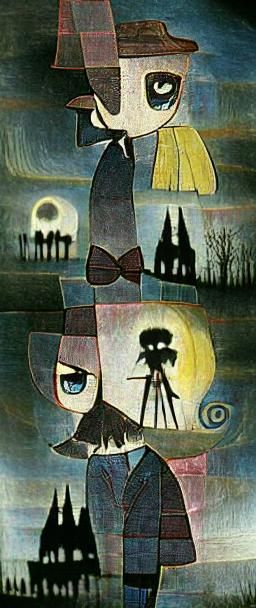 Chibi Character in Noir Style, Abstract Cityscape