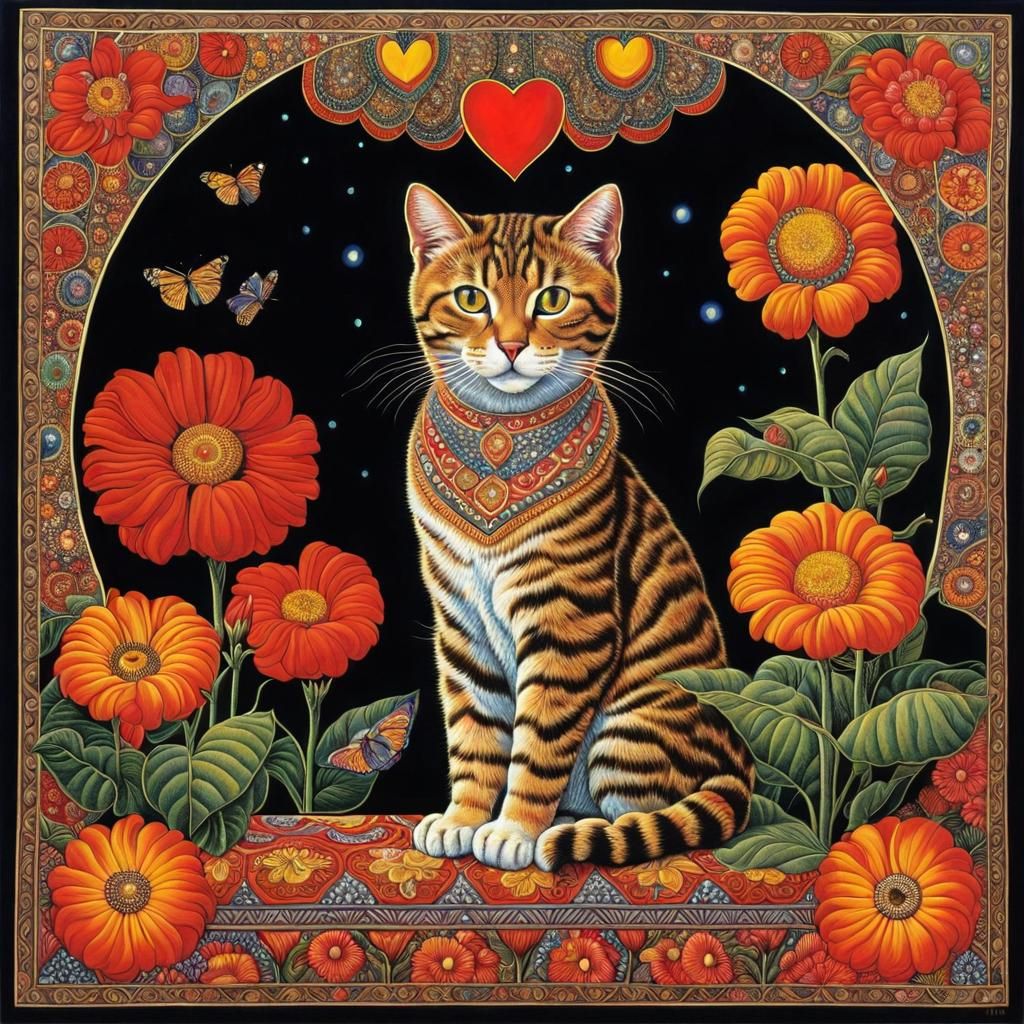 Cat Surrounded by Flowers in Surrealist Style