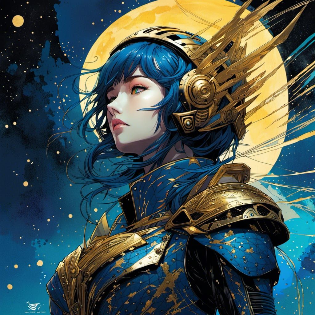 Anime Knight with Galaxy Helmet in Gold Armor