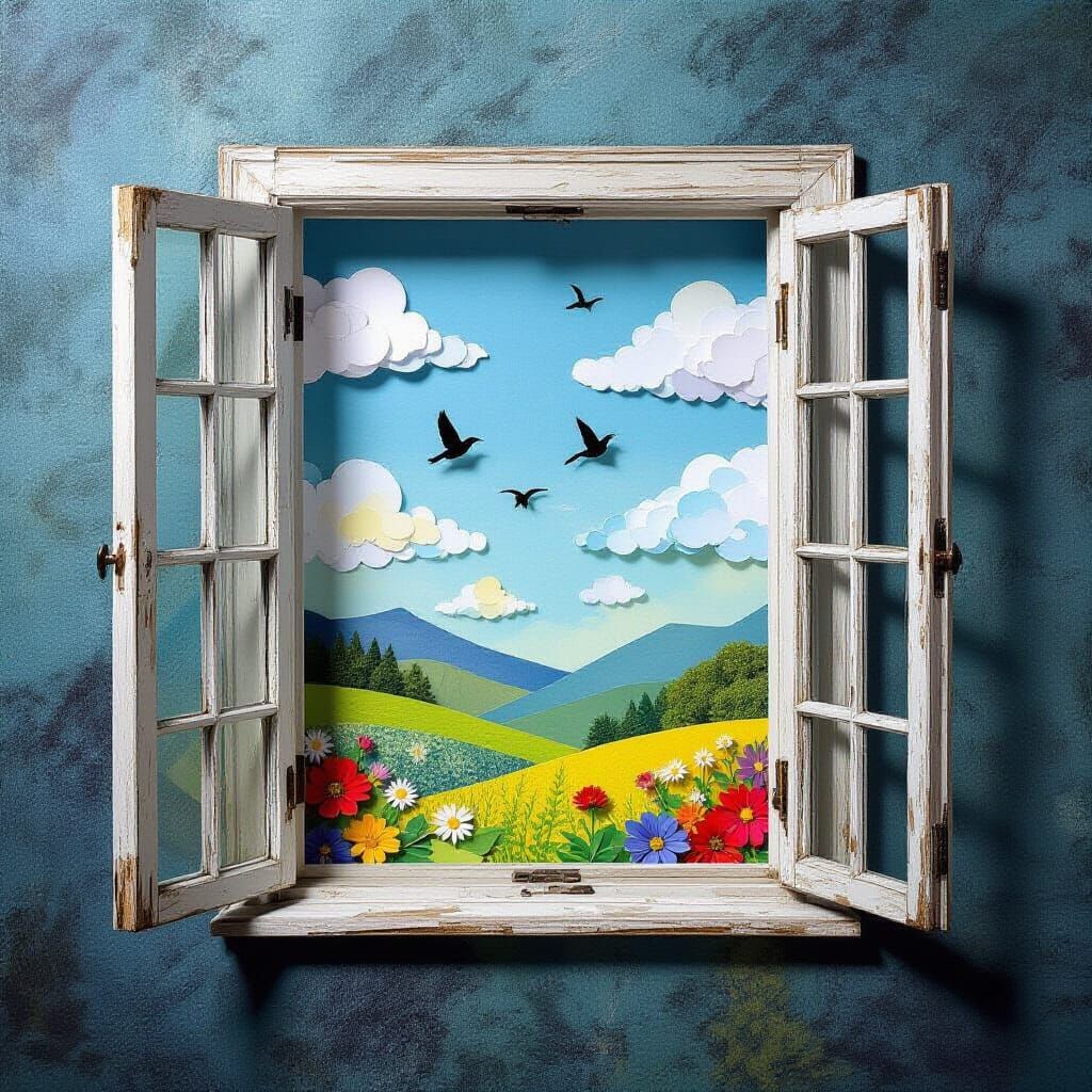 Dreamscape Paper Collage Seen Through Open Window