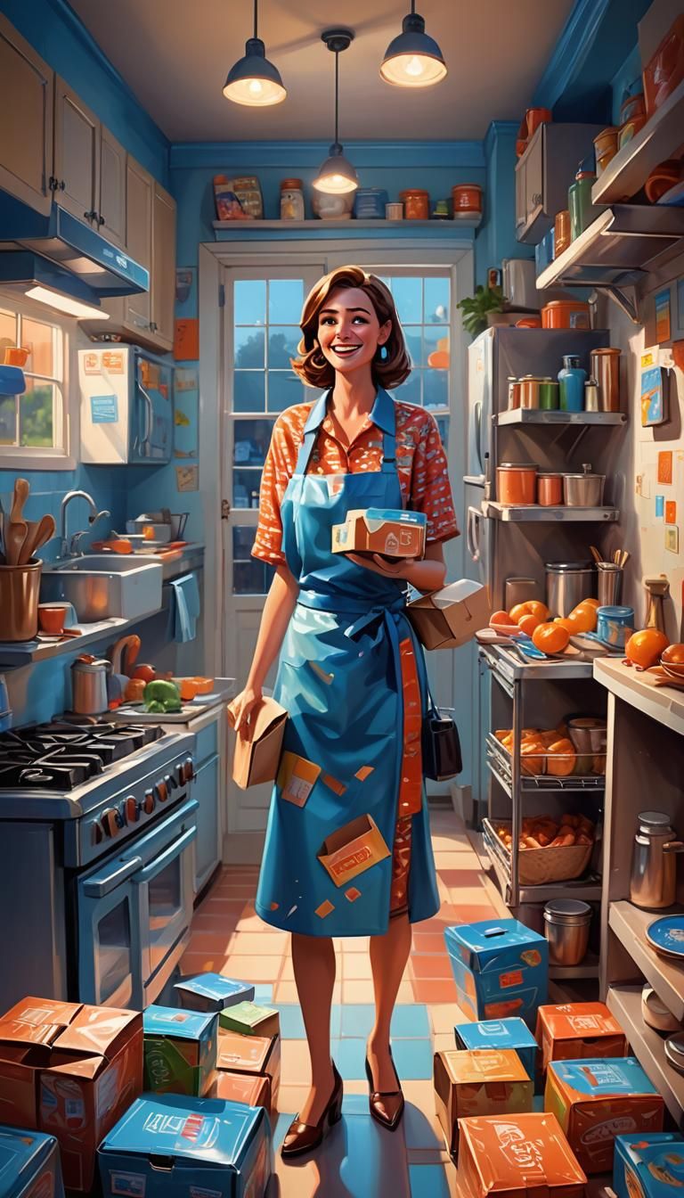 Happy Woman with Takeout in Pixar Style