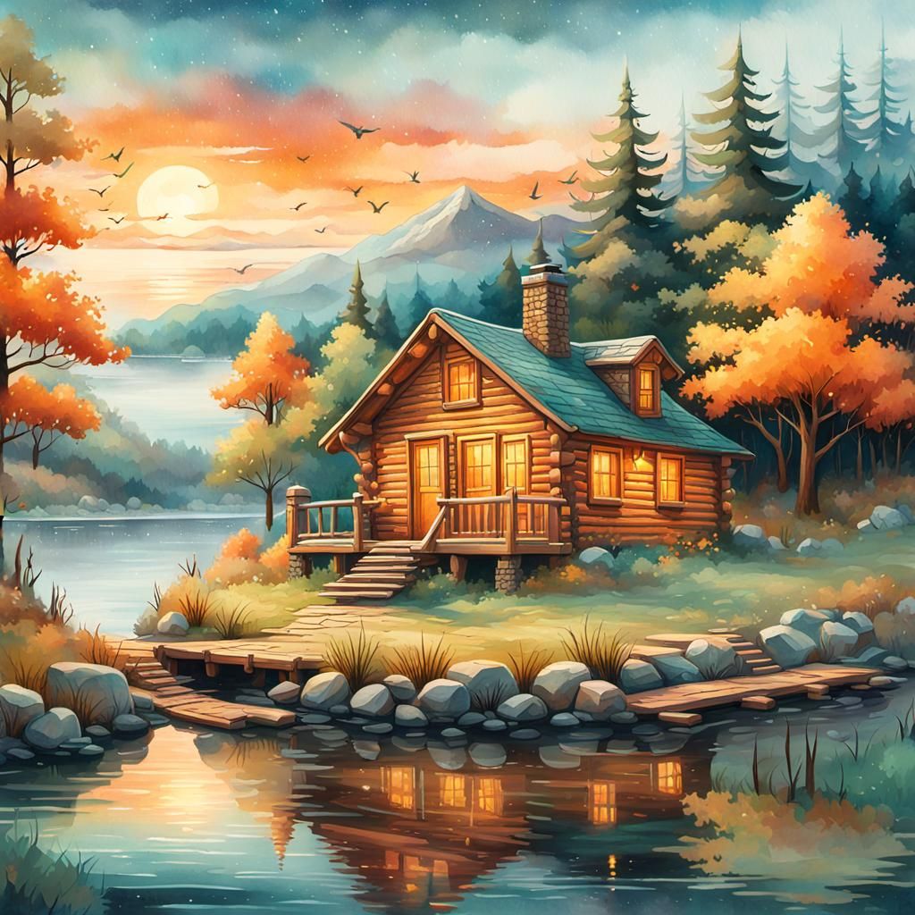 Cozy Cabin on Lake in Fantasy Naïve Art Style