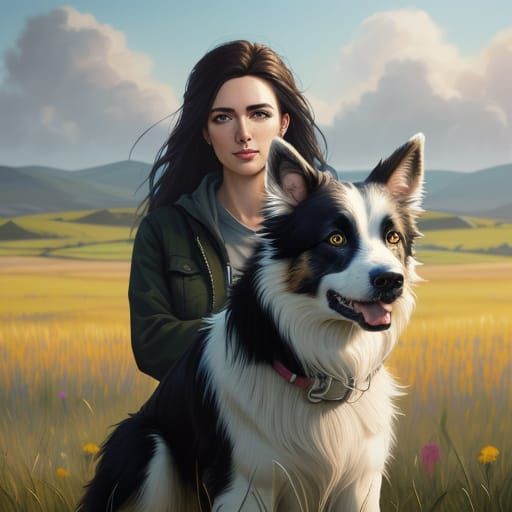 Girl with Border Collie in Vibrant Splash Art Style