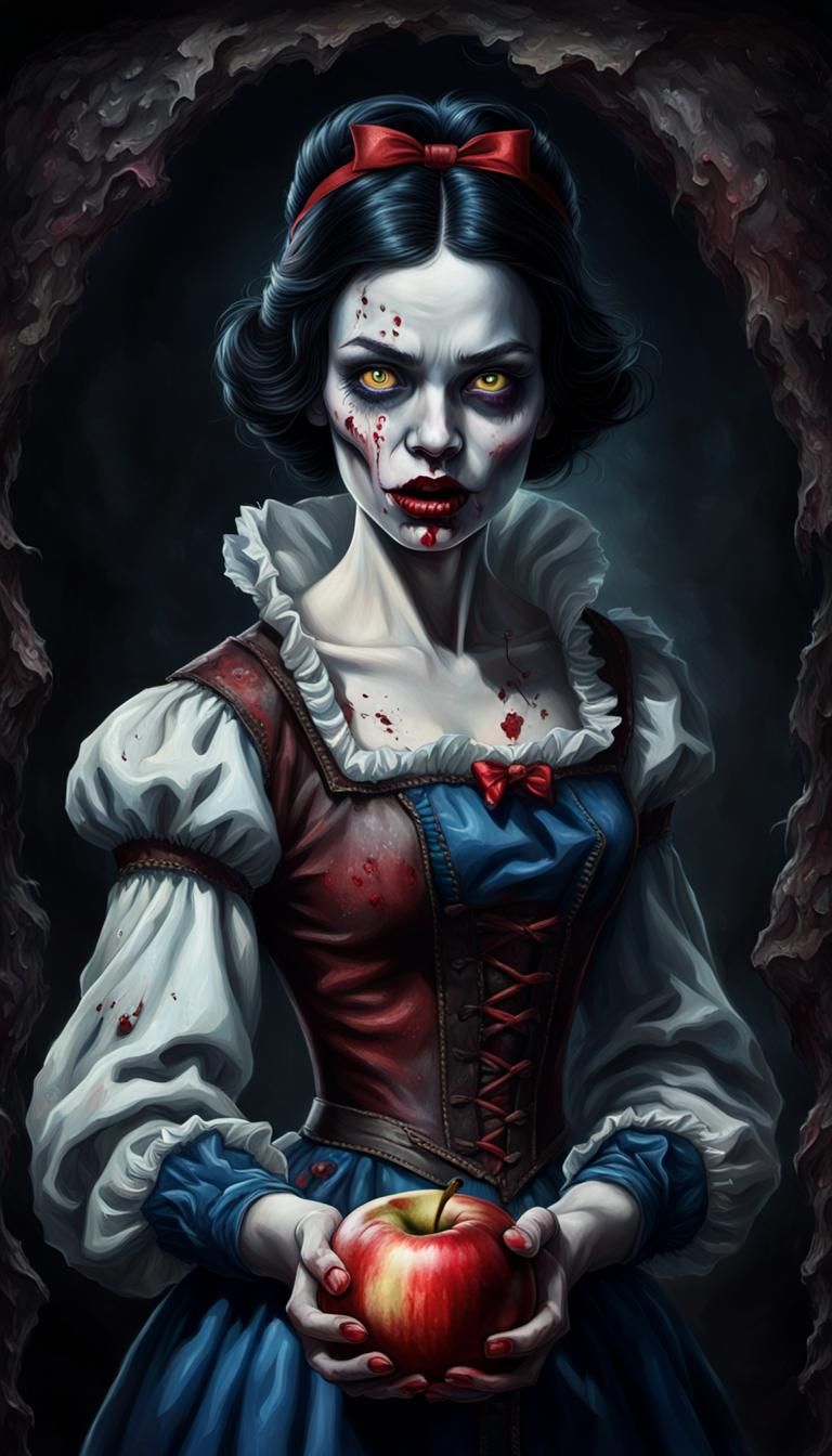 Zombie Snow White with Rotten Apple in Oil Painting
