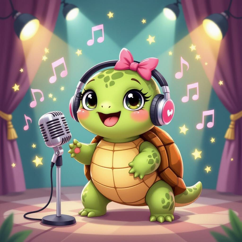 Cute Kawaii Turtle Singing with Heart Microphone