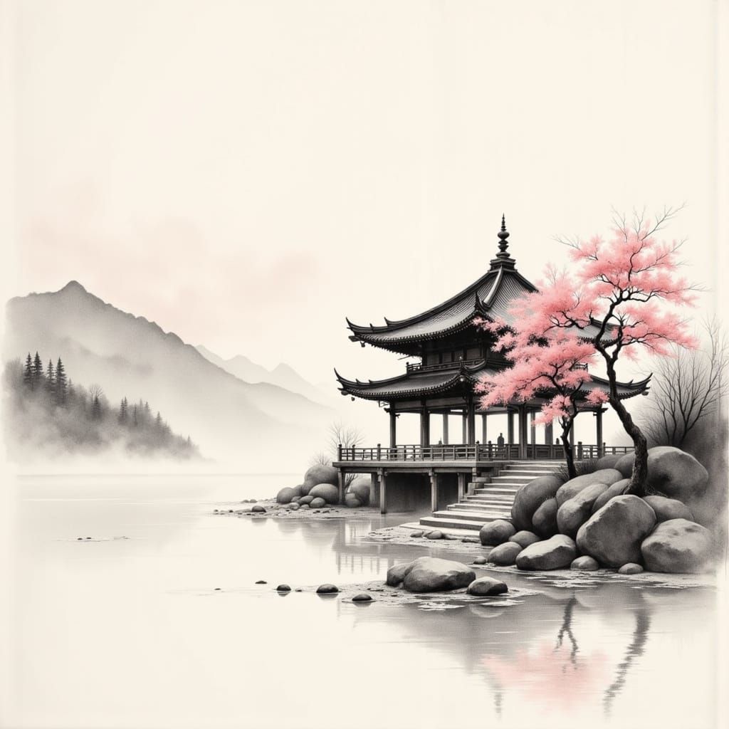 East Asian Landscape with Pavilion in Watercolor Style