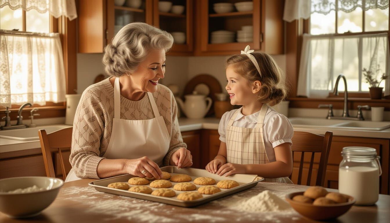 Grandmother and Granddaughter Baking Cookies in 1950s Kitche...
