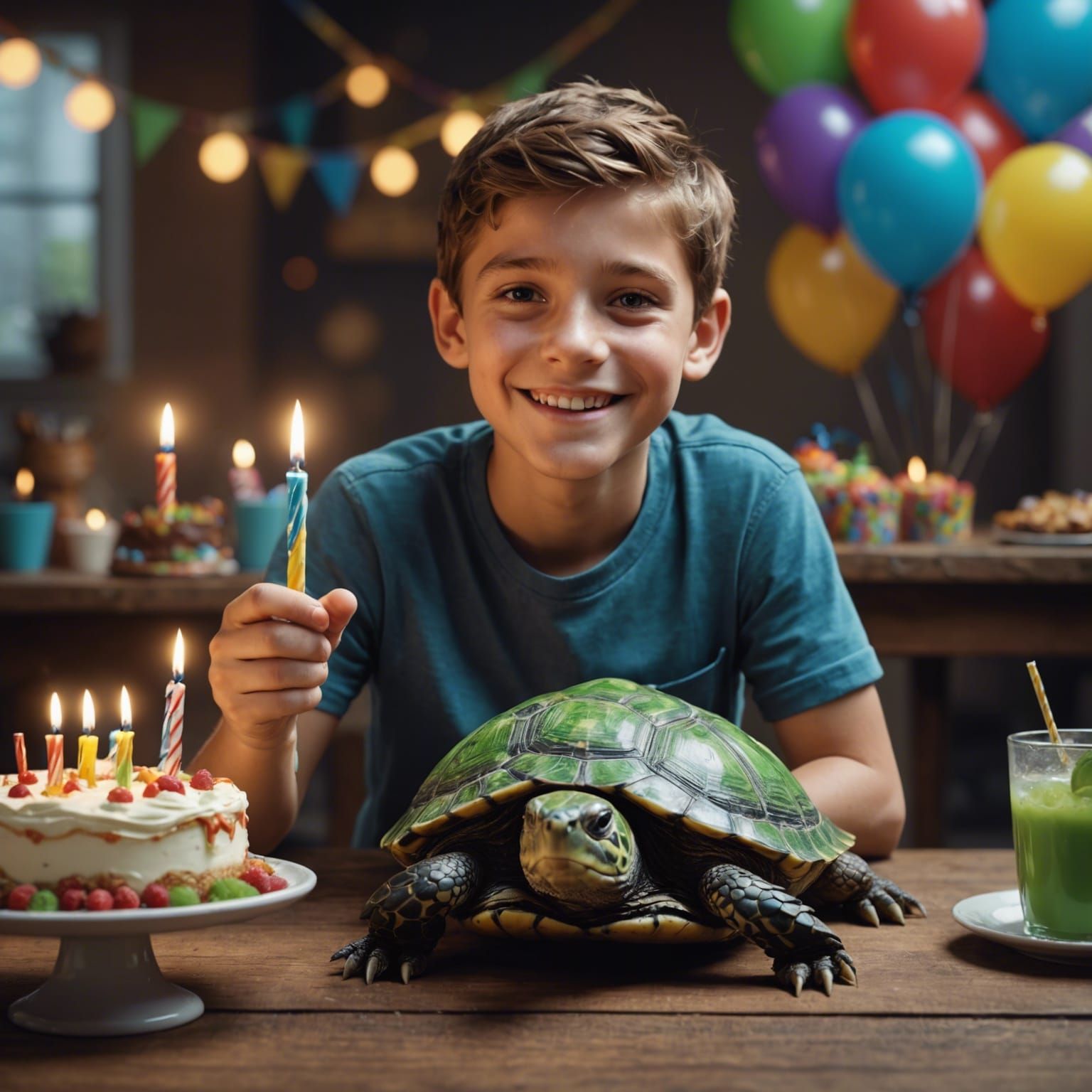 Smiling Boy Celebrates Birthday with Turtle