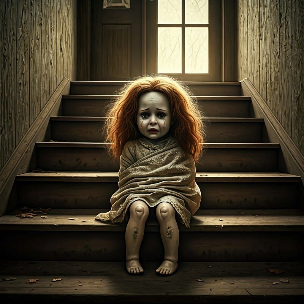 Sorrowful Porcelain Doll on Staircase in Desaturated Colors