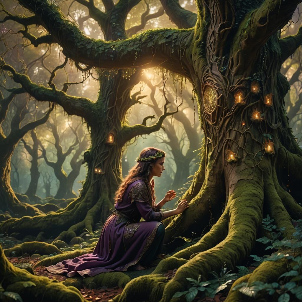 Mystical Woman Touches Ancient Tree in Enchanted Forest