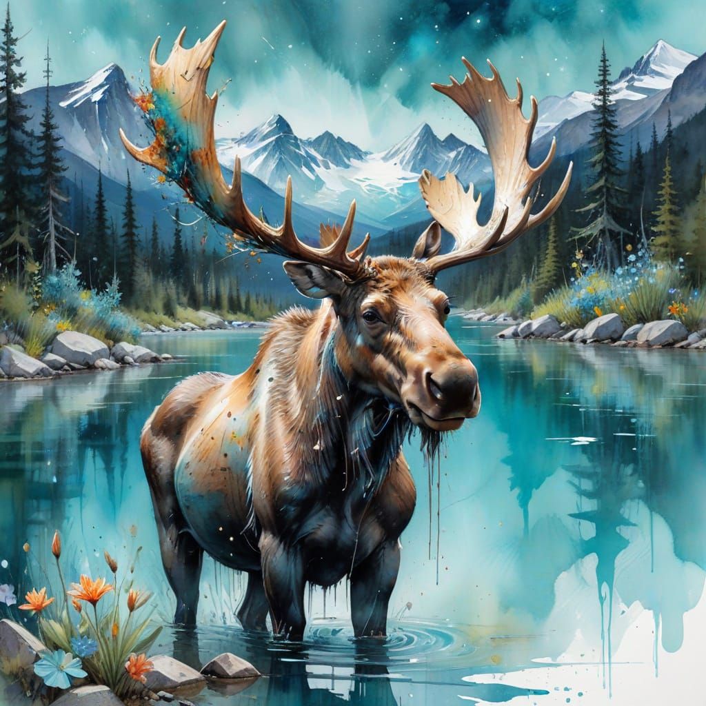 Moose in Rocky Mountains: Stylized Watercolor Painting