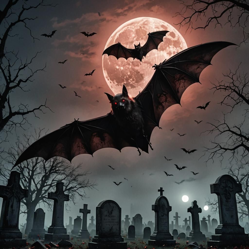 Gothic Horror Bat Flight in Misty Graveyard