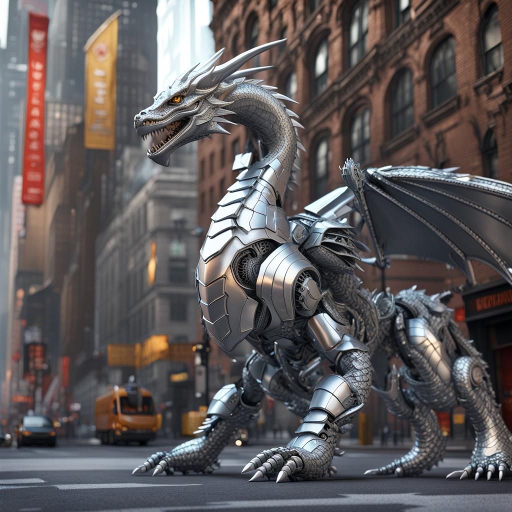 Futuristic Metal Dragon Over New York City
