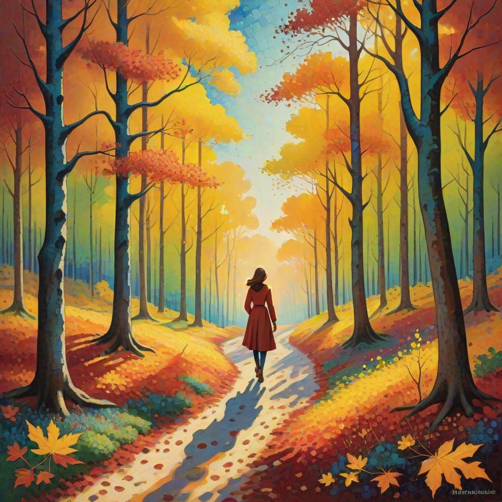 Pointillist Autumn Splendor: Vibrant Leaves and Warm Afterno...