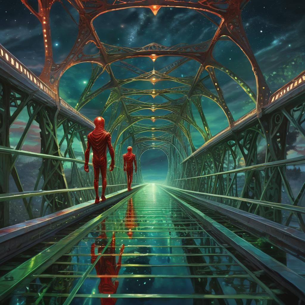Red Alien on Phantom Bridge: Surreal Concept Art