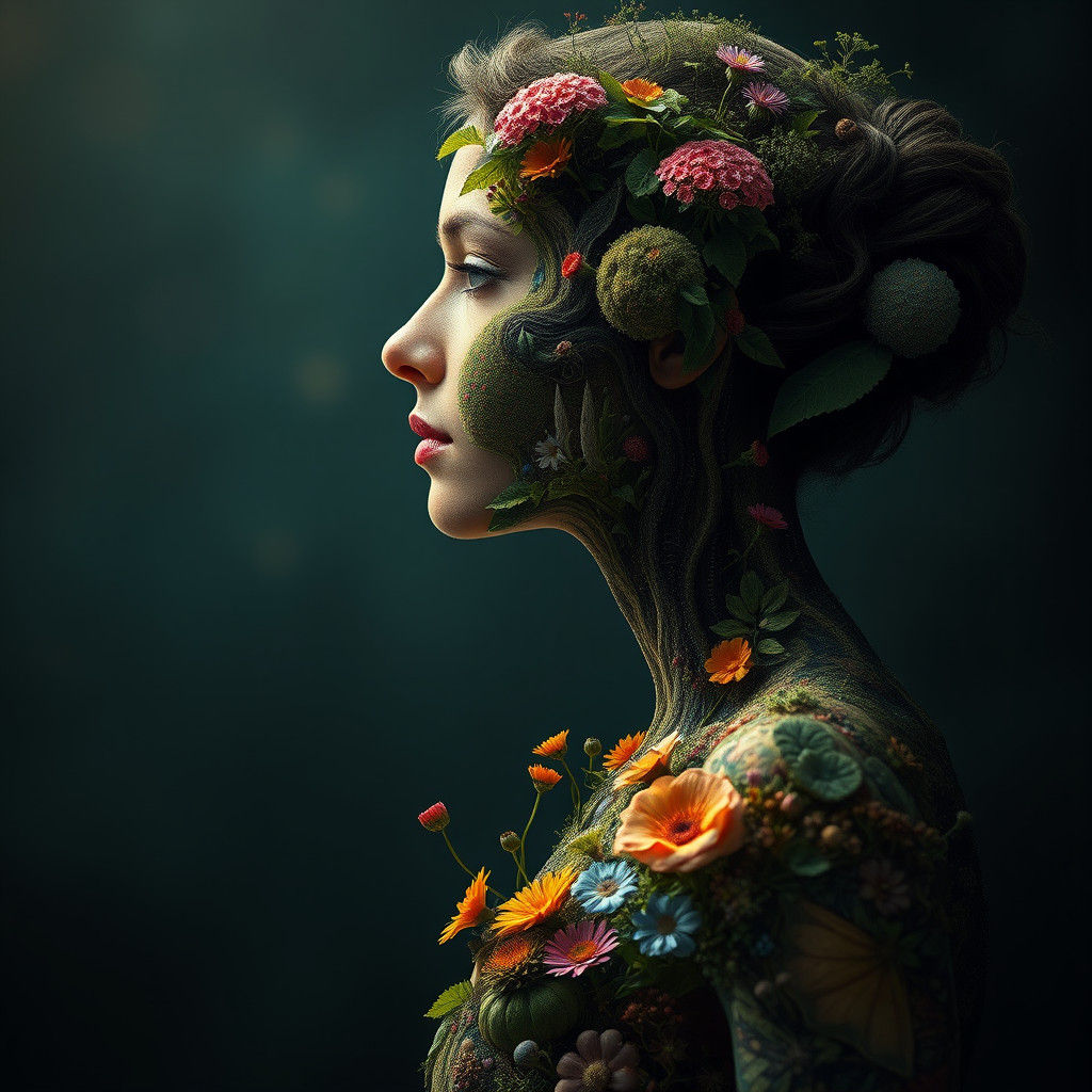 Surreal Woman in Profile with Blooming Flora