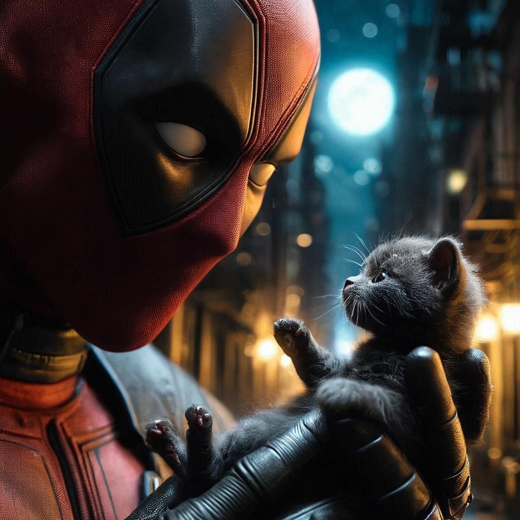 Deadpool's Tender Moment: Close-Up with Kitten