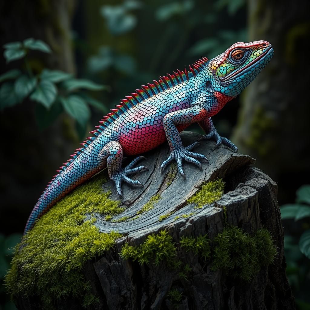 Iridescent Lizard on Ancient Tree Stump