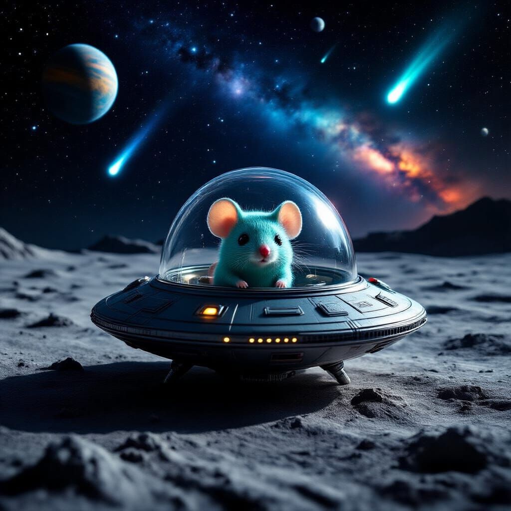 Miniature Alien Spaceship with Mouse on Moon
