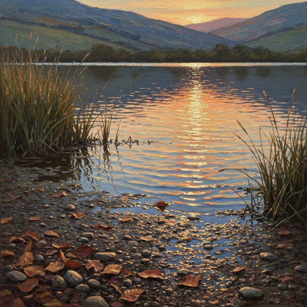 Fiery Sunset Reflections on Rippling Lake in Peter Doig Styl...