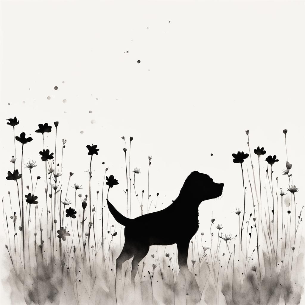 Minimalist Ink Painting: Puppy and Wildflower