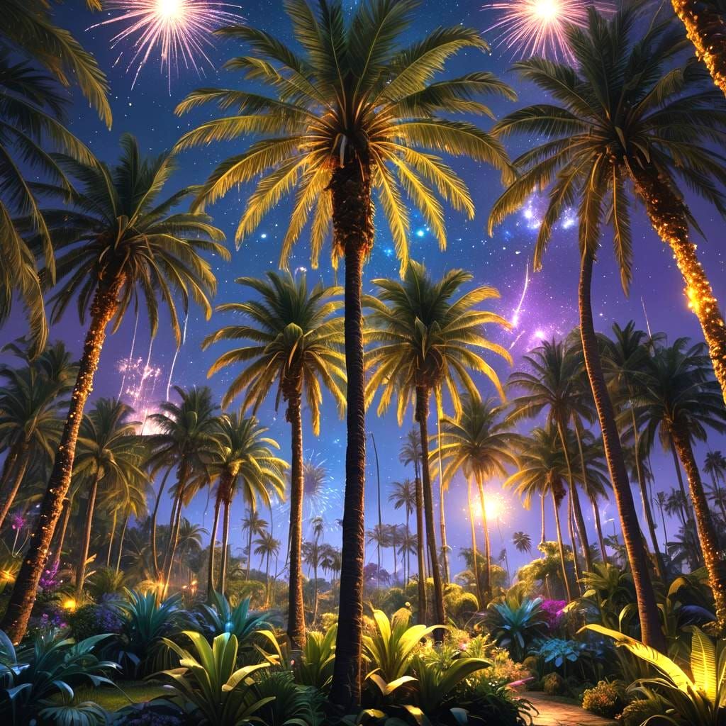 Exposing Palm Trees Garden with Moon Lighting