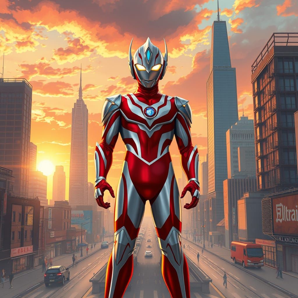 Epic Futuristic Hero Stands Tall in Cityscape