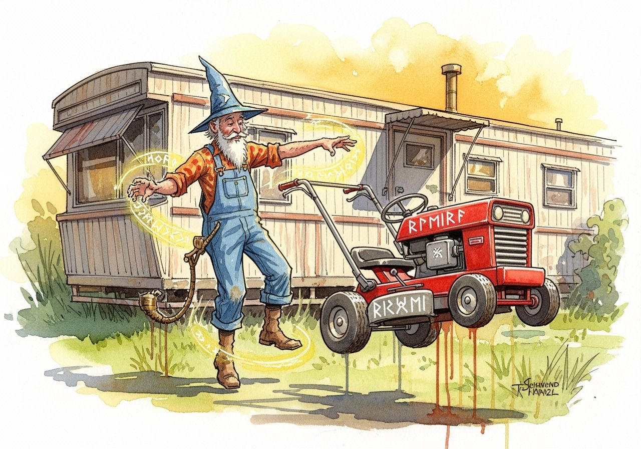 Hillbilly Wizard Levitates Lawn Mower in Watercolor