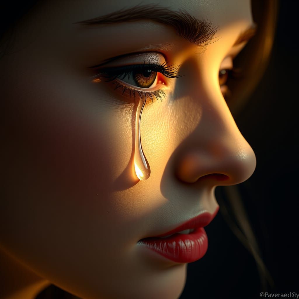 Expressive Portrait of Woman with Tear in Rembrandt Lighting