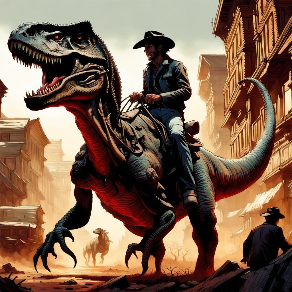 Cowboy Bandit Rides Dinosaur Through Deadwood, Cel-Shaded